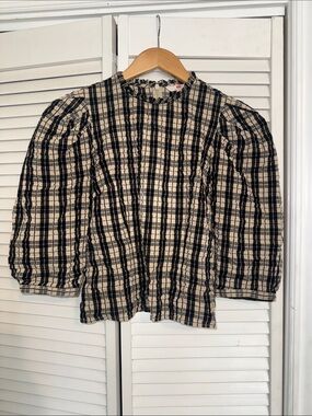 Levi's Black & Cream Plaid Puff Sleeve Top - S